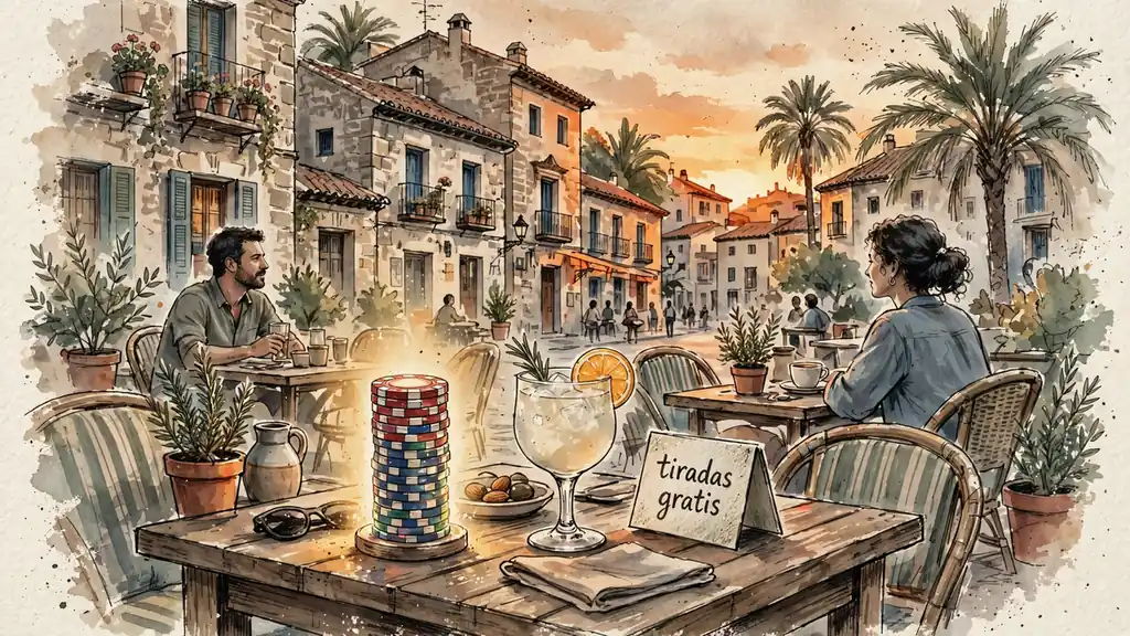 Café español al atardecer con fichas de casino brillantes