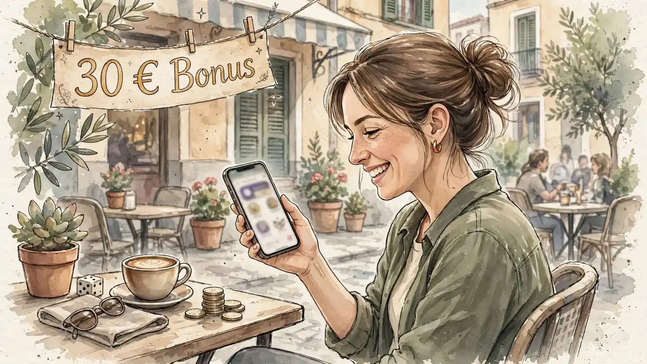 Mujer feliz con smartphone y monedas en café de Madrid