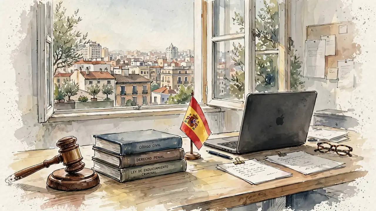 Escritorio legal español con mazo, libros y bandera