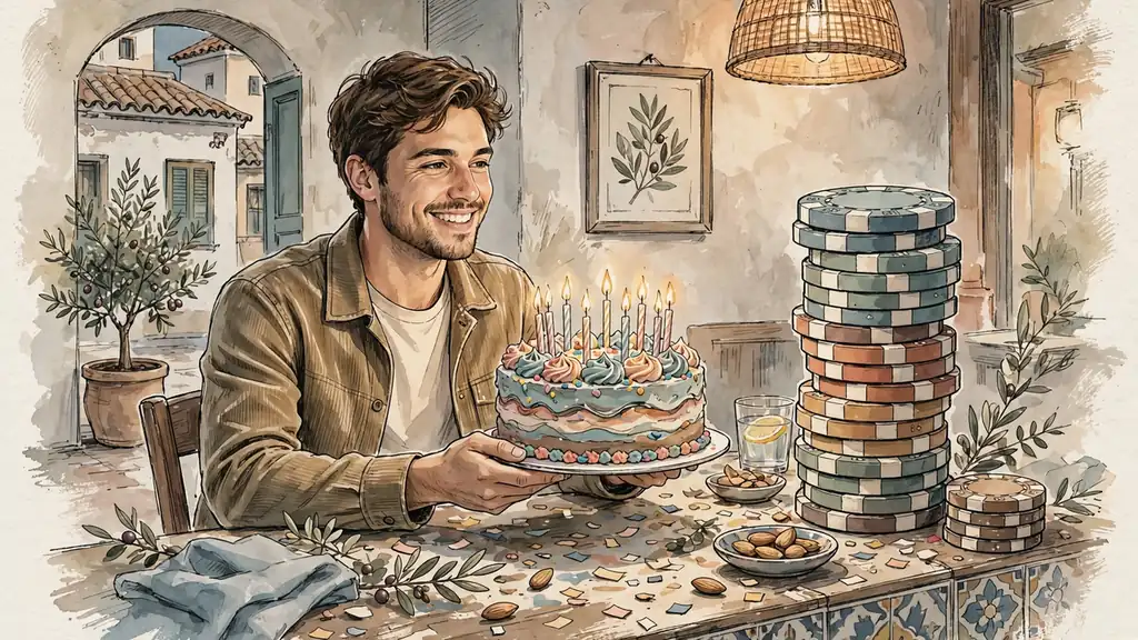 Joven con pastel y fichas de casino celebrando cumpleaños