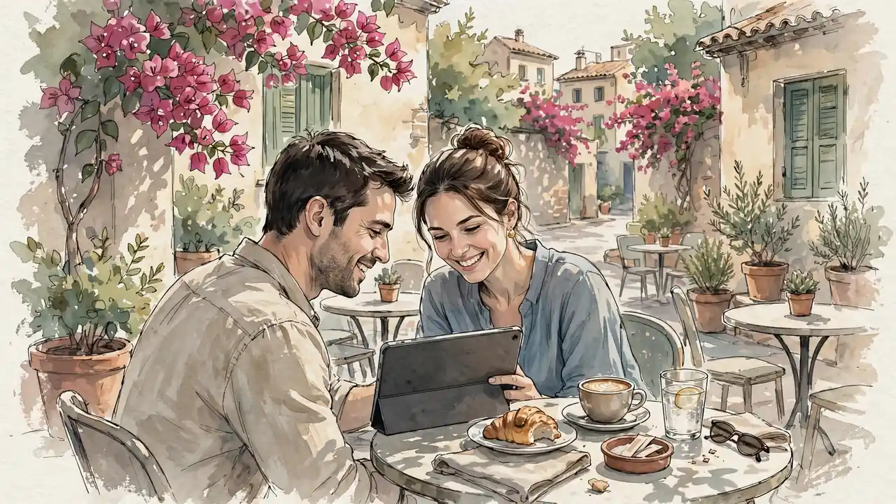 Pareja revisando bono de casino en terraza española bajo sol