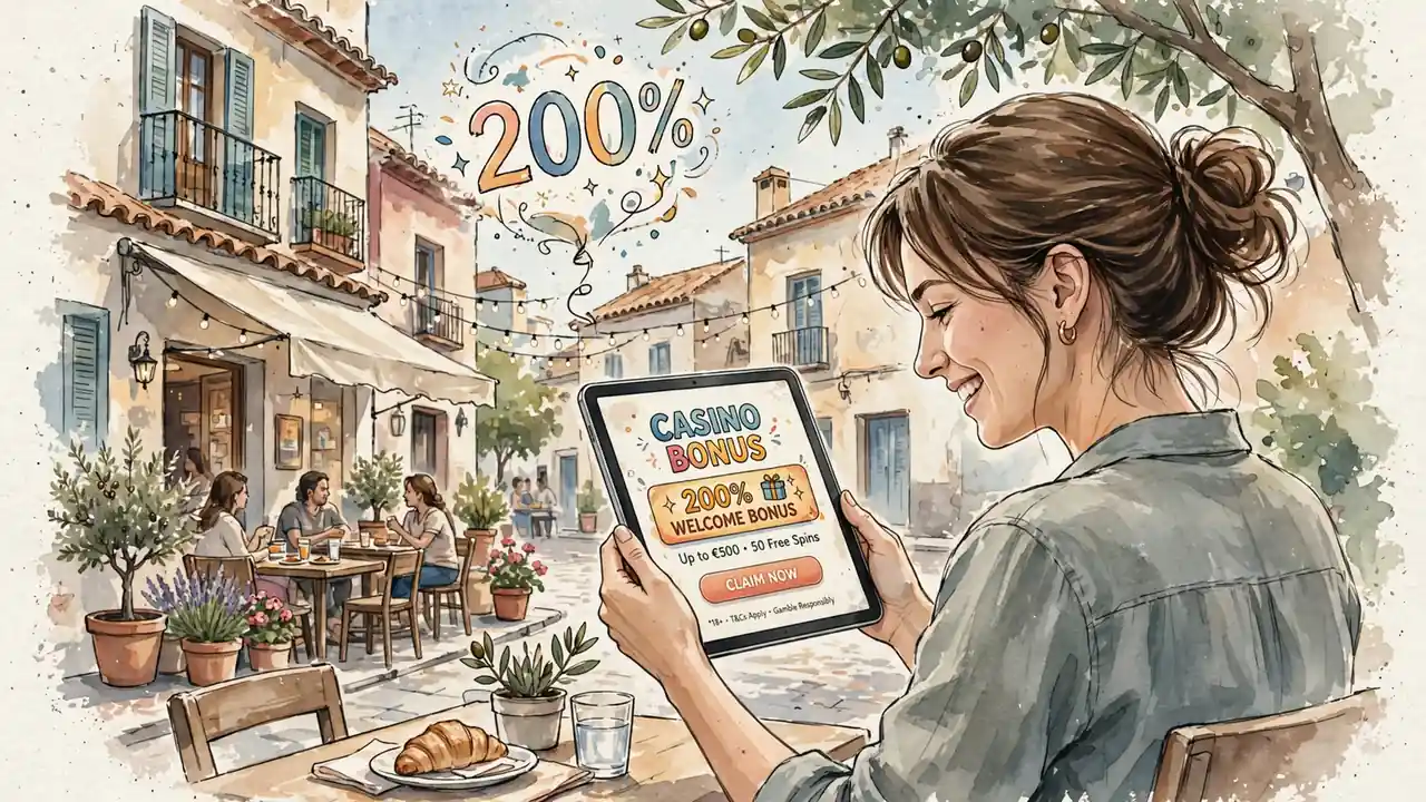 Mujer sonriente con tablet y señal de bono del 200% en café español
