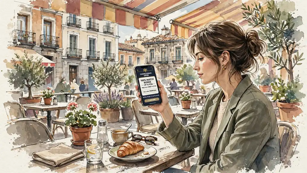 Mujer joven en terraza de café con oferta de bono de casino en smartphone.