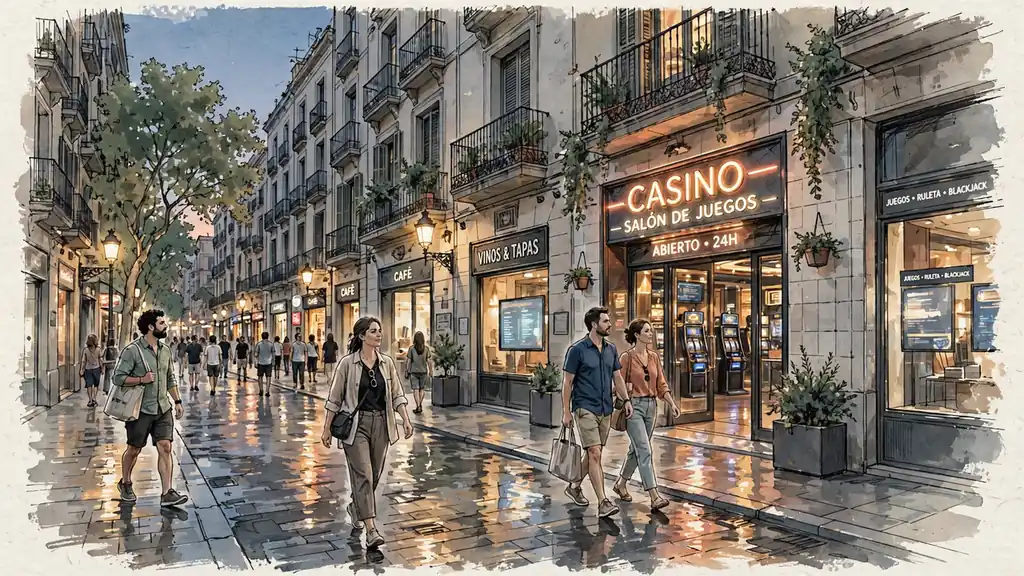 Barcelonés calle nocturna con casino y luces neón