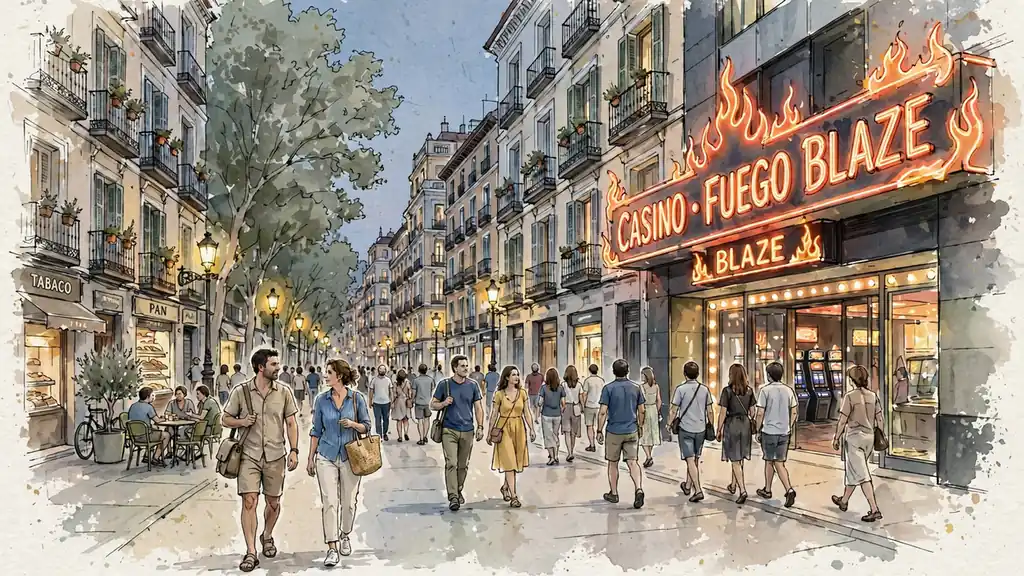 Casino en Madrid con luces de fuego al atardecer