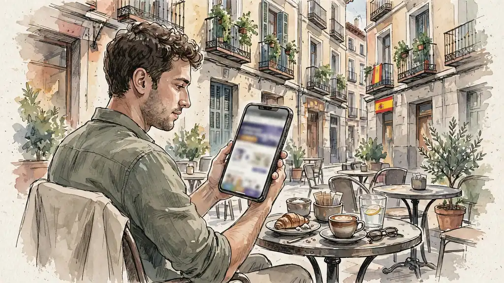 Joven español en café mirando casino en smartphone