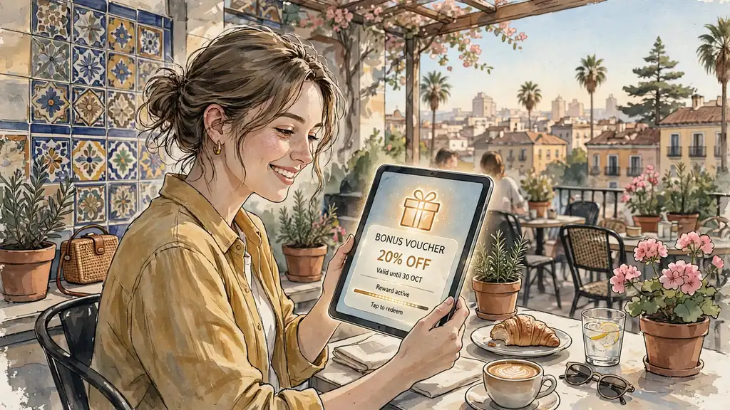 Mujer feliz en terraza con bono brillante en tablet