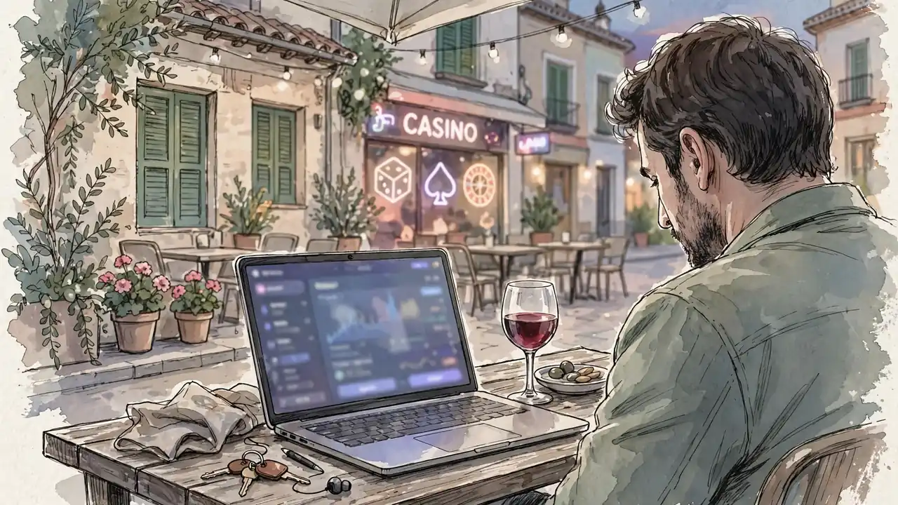 Café español al atardecer con laptop y símbolos de casino cripto
