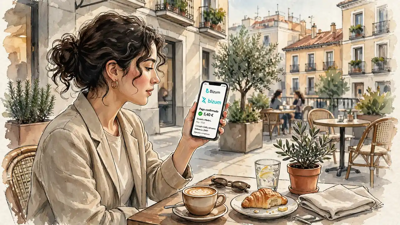 Mujer española pagando con Bizum en un café de Madrid