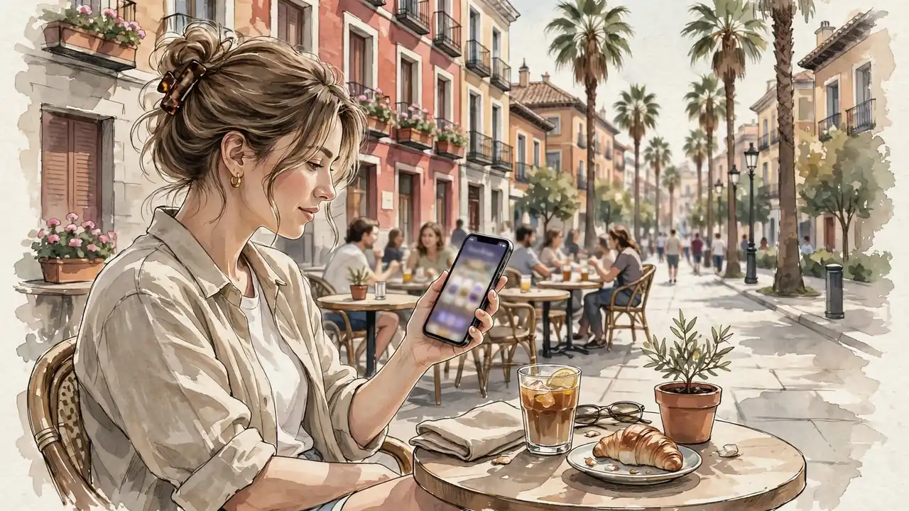 Mujer joven en terraza de café con smartphone en Madrid