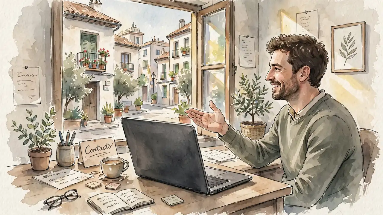 Escena de oficina española con escritorio y laptop