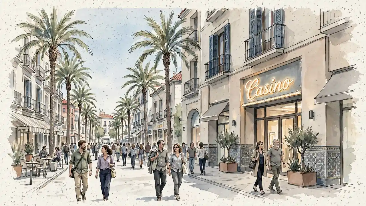 Fachada de casino español bajo sol y palmeras