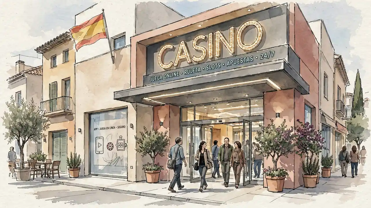 Fachada de casino español con bandera y luces brillantes