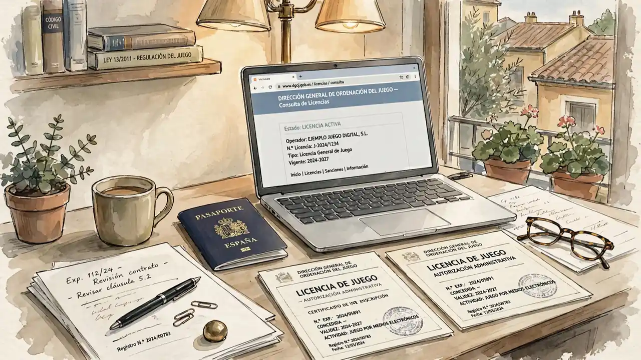Escritorio con portátil, documentos de licencia y pasaporte español