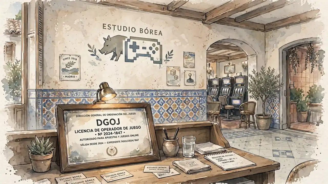 Sala de casino con logo de desarrollador y placa de licencia