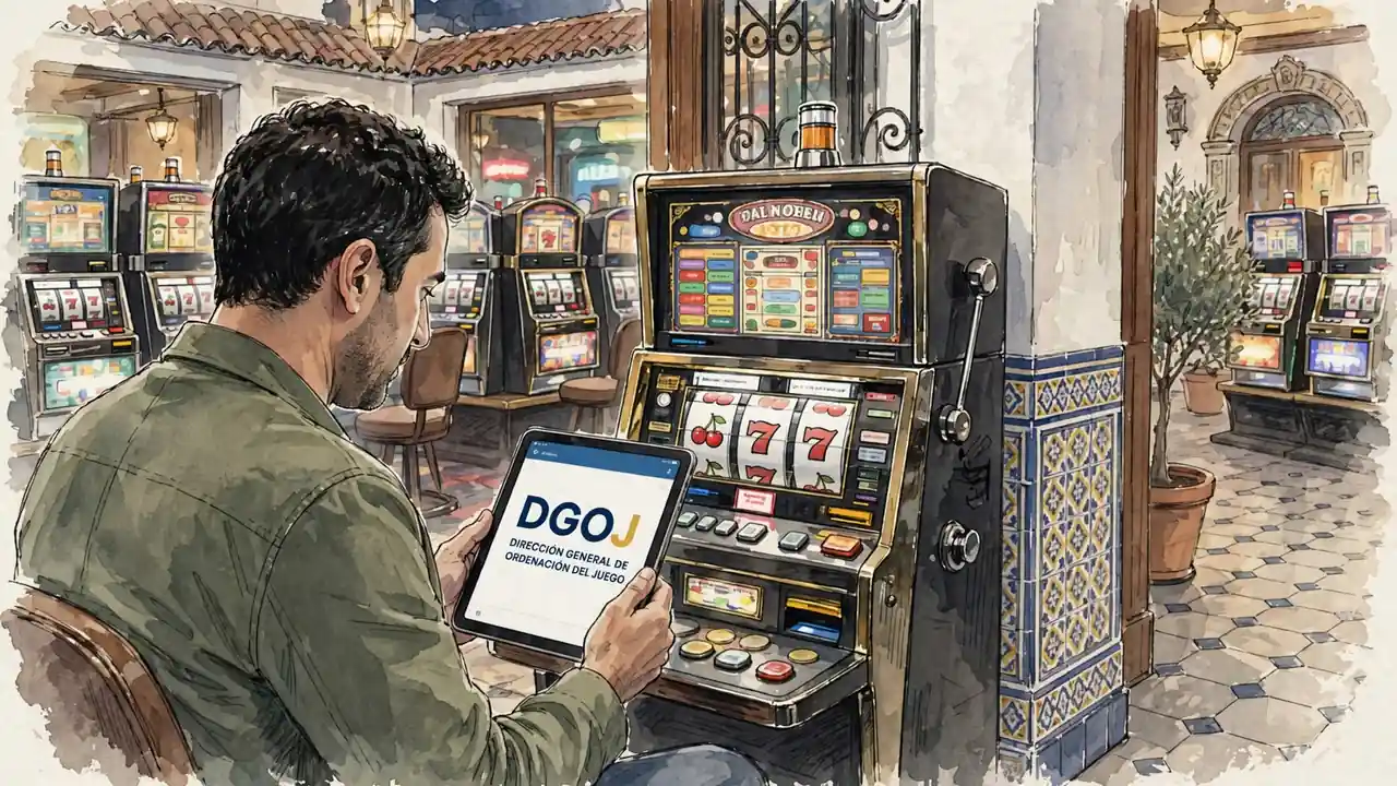 Jugador con tablet mostrando logo DGOJ frente a máquinas tragamonedas