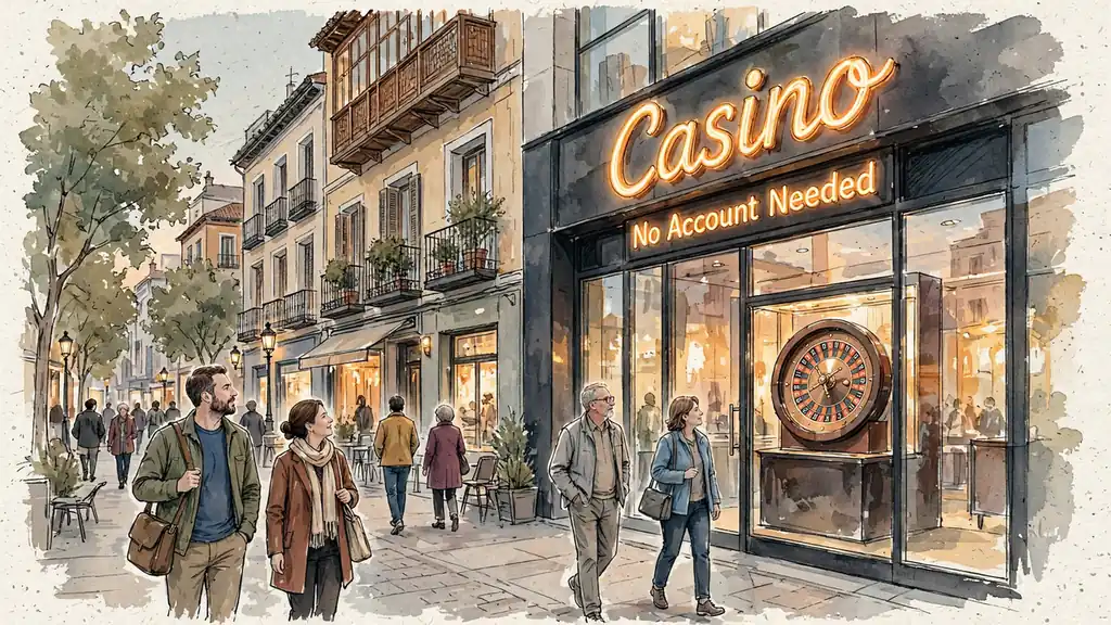 Fachada de casino en Madrid con luces nocturnas y gente curiosa