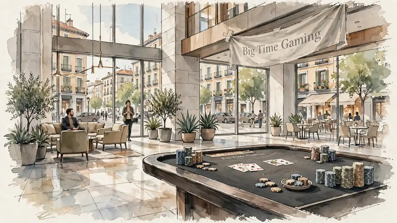 Lujoso lobby de casino en Madrid con luz de tarde