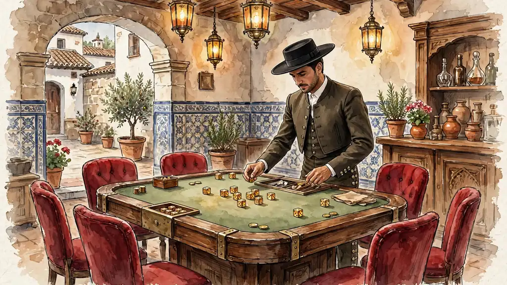 Interior de casino español con mesa de dados y luces cálidas