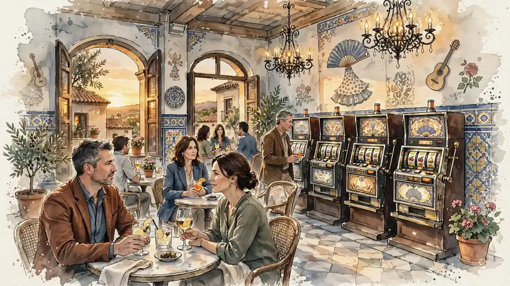 Lounge de casino español con luces cálidas y máquinas tragamonedas