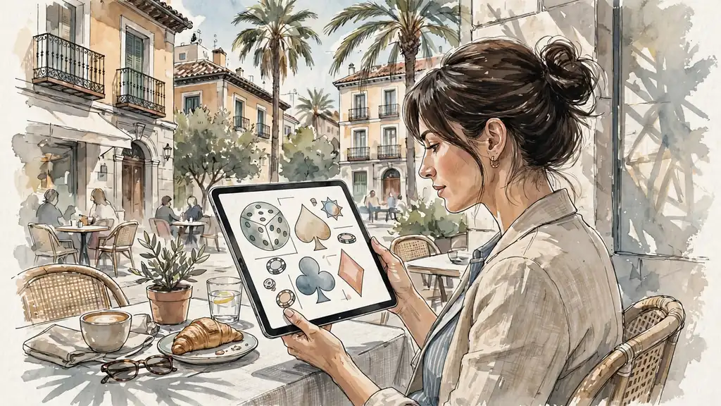 Mujer joven en terraza de café con tablet de casino
