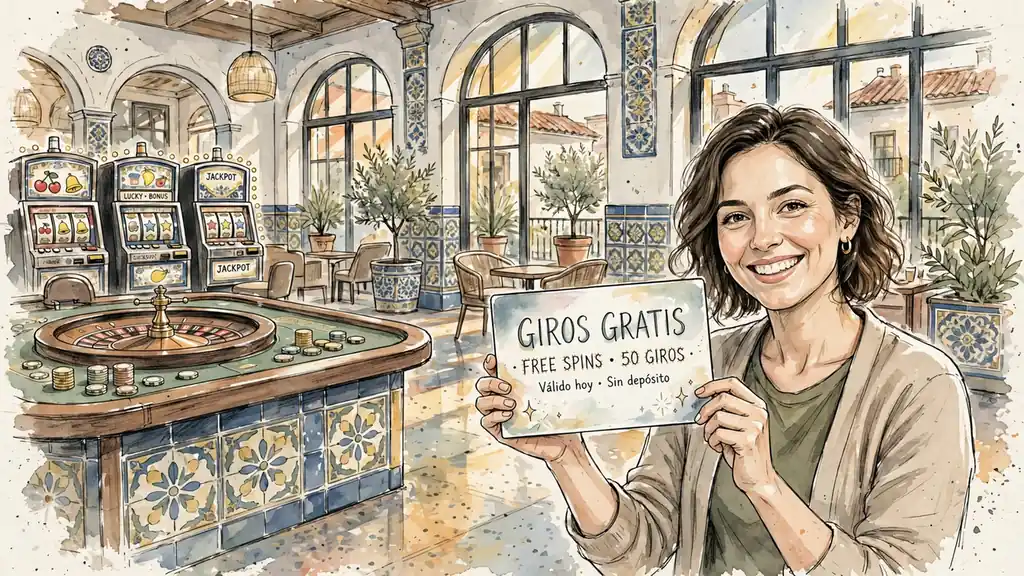 Mujer sonriente en casino español con tarjeta de giros gratis