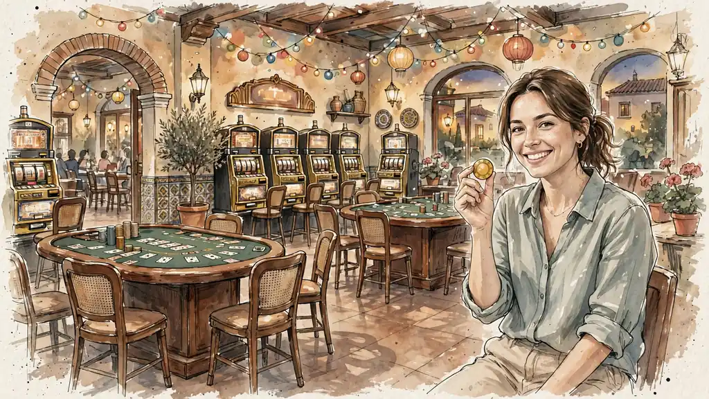 Casino español interior con luces cálidas y jugadora sonriente