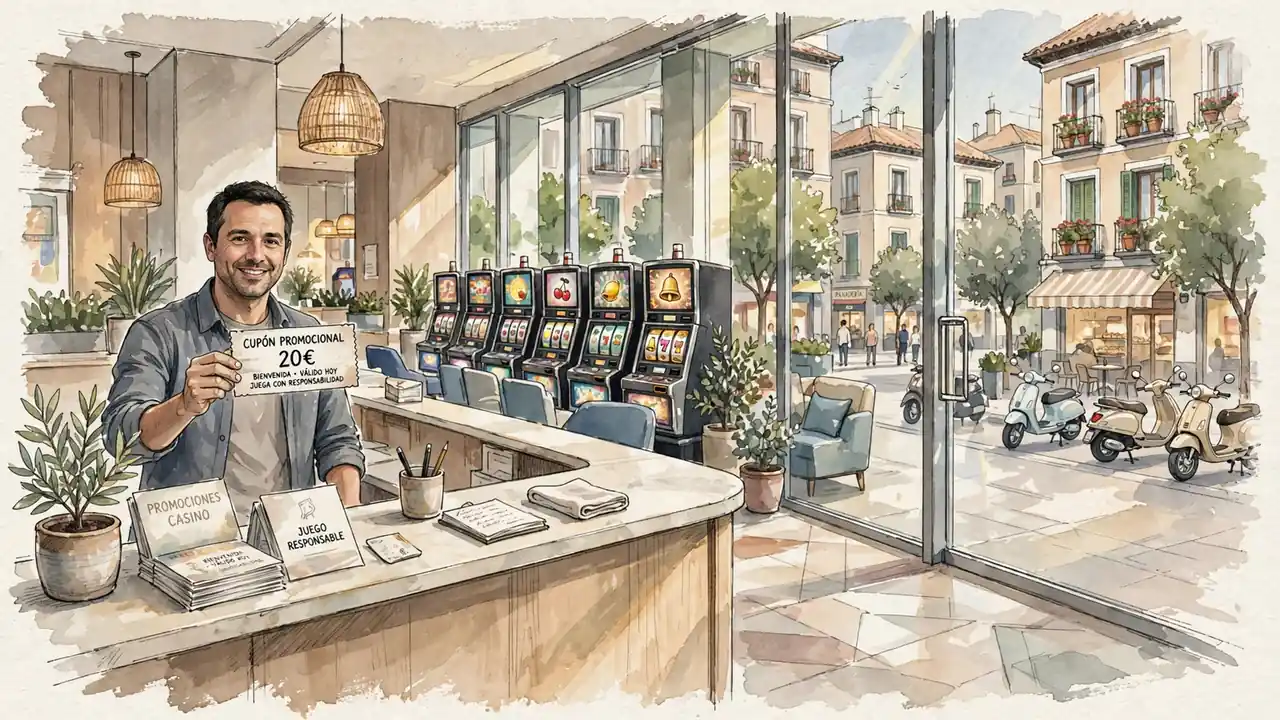 Lobby de casino moderno en España con pantalla de bienvenida y voucher promocional