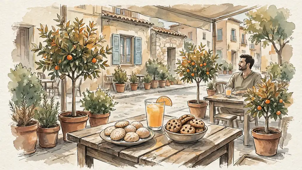 Terraza española con galletas y jugo de naranja bajo luz cálida