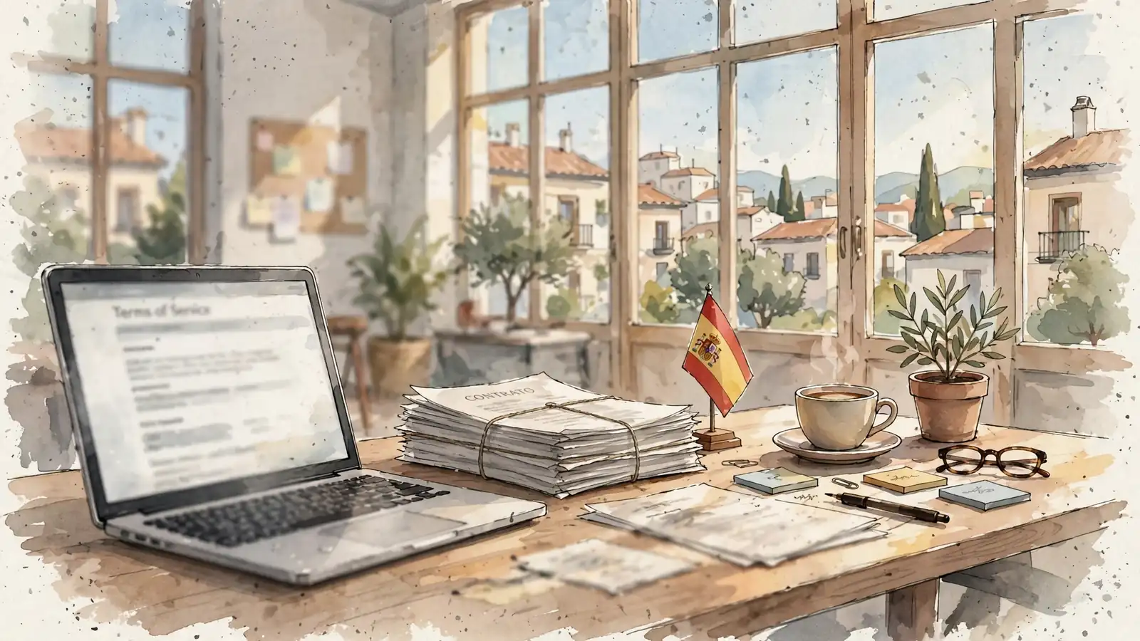 Escritorio con laptop, café y bandera española bajo luz natural