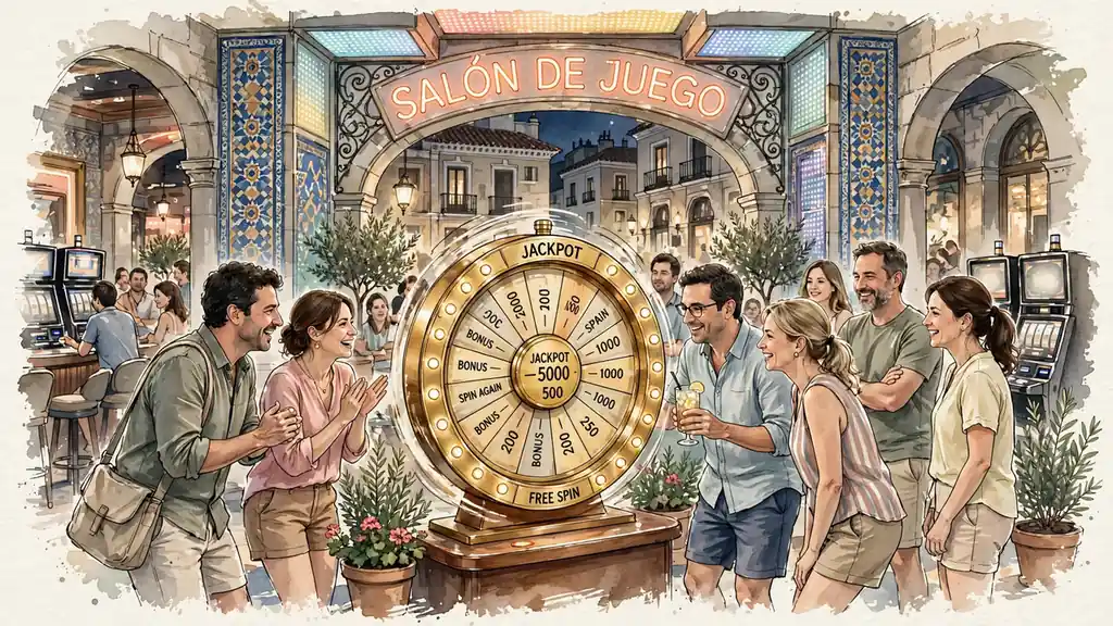 Fondo de casino vibrante con rueda de jackpot dorada y luces neón
