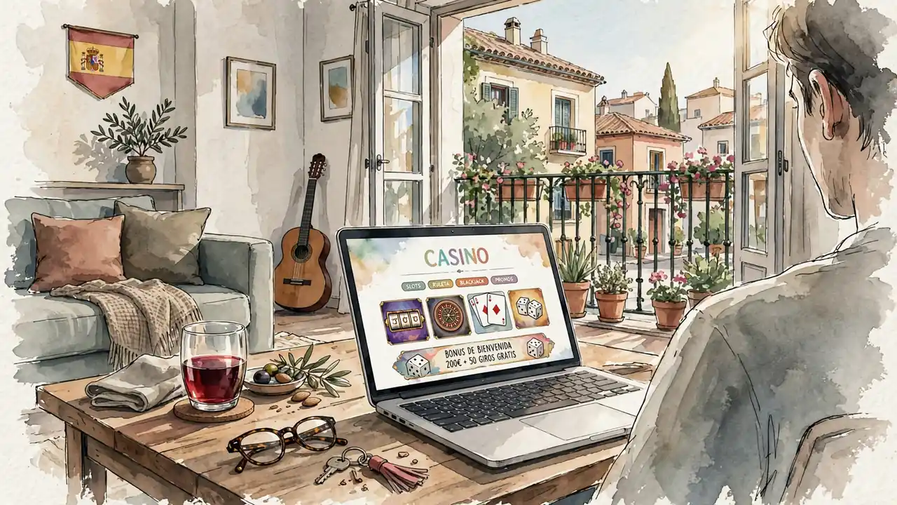 Sala de estar española con laptop y sitio de casino en línea
